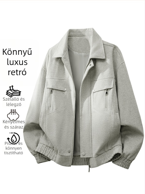 Férfi loose-fit dzseki városi street stílusban, reveres gallér, cipzár, 100% poliészter, lélegző és szélálló