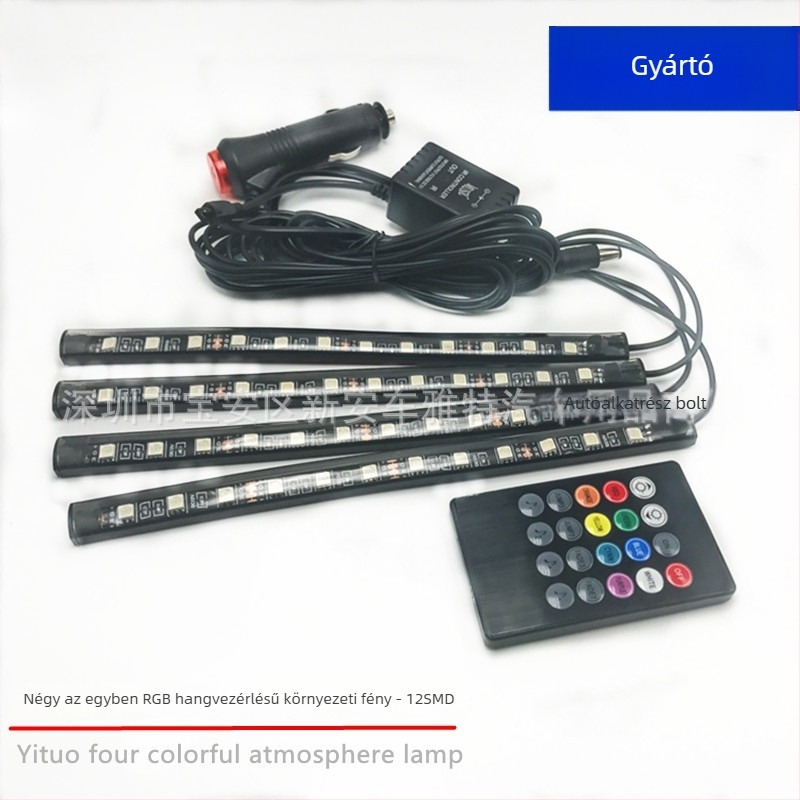 Autó belső RGB hangvezérléses atmoszferikus fény, szilikon, modell One drag four 12SMD, feszültség 12V, áram 0.25A, testreszabható feldolgozás