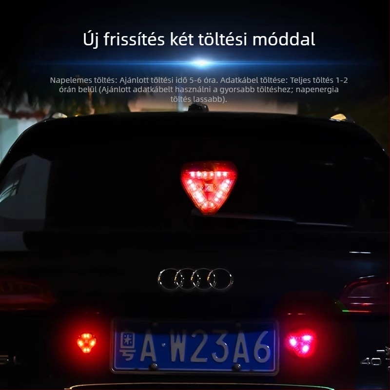 Napelemes háromszög stroboszkópos lámpa motorkerékpárhoz, ABS burkolat, 12V, 5W, 0,5A