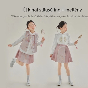 Lányoknak készült háromrészes szatén nemzeti stílusú öltöny hímzett inggel, mellénnyel és szoknyával, tavasz–őszre