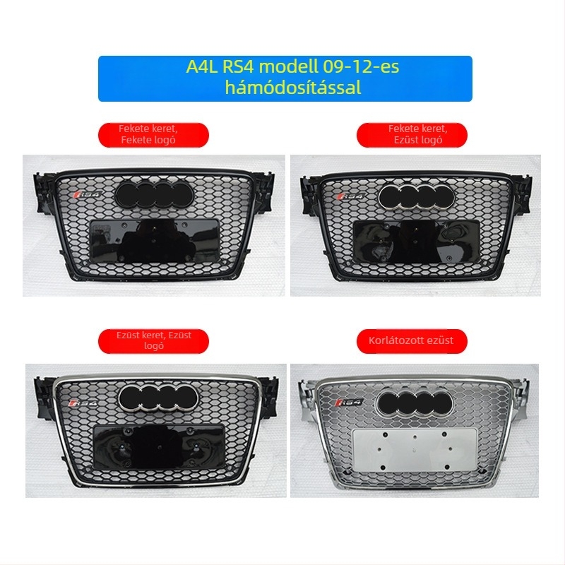 RS4-stílusú első grille Audi A4 B8-hoz (2008-2012) - ABS műanyag, lökhárítóra szerelés, A4-kompatibilis, automata váltó