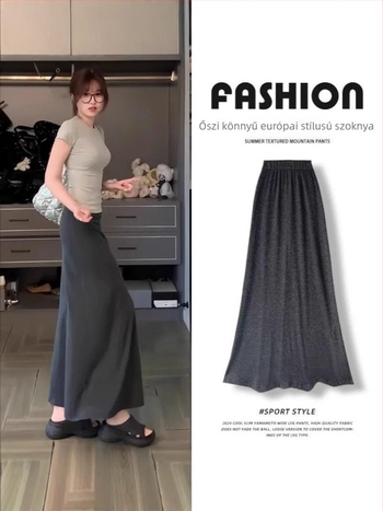 A-vonalú, középméretű fishtail kötött szoknya, magas derékkal — anyag: 90–95% poliészter, spandex <30%.
