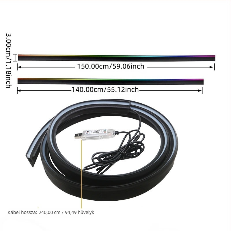 Autó belső ambient világítása, akril, alkalmazás által vezérelhető, vezetékek nélkül, beépített telepítés, 13W 5V 0.8A