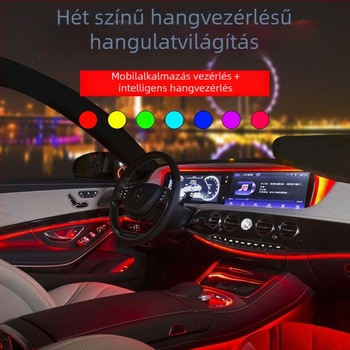 Autó belső LED hangulatvilágítás Bluetooth‑os alkalmazással, RGB dekor fények a műszerfalhoz és az ajtó küszöbeihez
