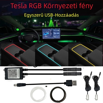 LED környezeti fény Tesla Model 3/Y-hoz – központi műszerfal, optikai szál, 12-24V, 0.3A, modell 20220525