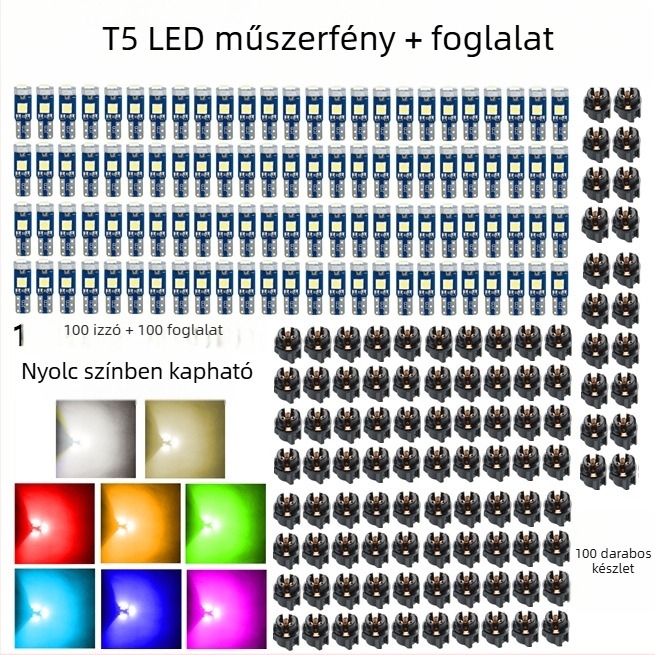 T5 3030-3SMD LED műszerfal világítás készlet, 12V, 2W, több színű opciók, 10/20/50/100 darab