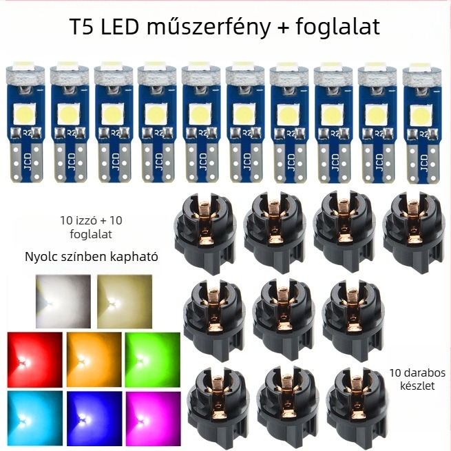 T5 3030-3SMD LED műszerfal világítás készlet, 12V, 2W, több színű opciók, 10/20/50/100 darab
