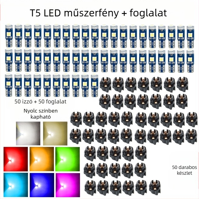 T5 3030-3SMD LED műszerfal világítás készlet, 12V, 2W, több színű opciók, 10/20/50/100 darab