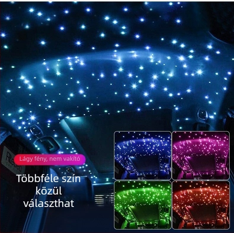 Autó belső tér: csillagos égbolt plafon, környezeti megvilágítás alkalmazásos távirányítással, többszínű LED, hangvezérlés, optikai szálas dekoráció.