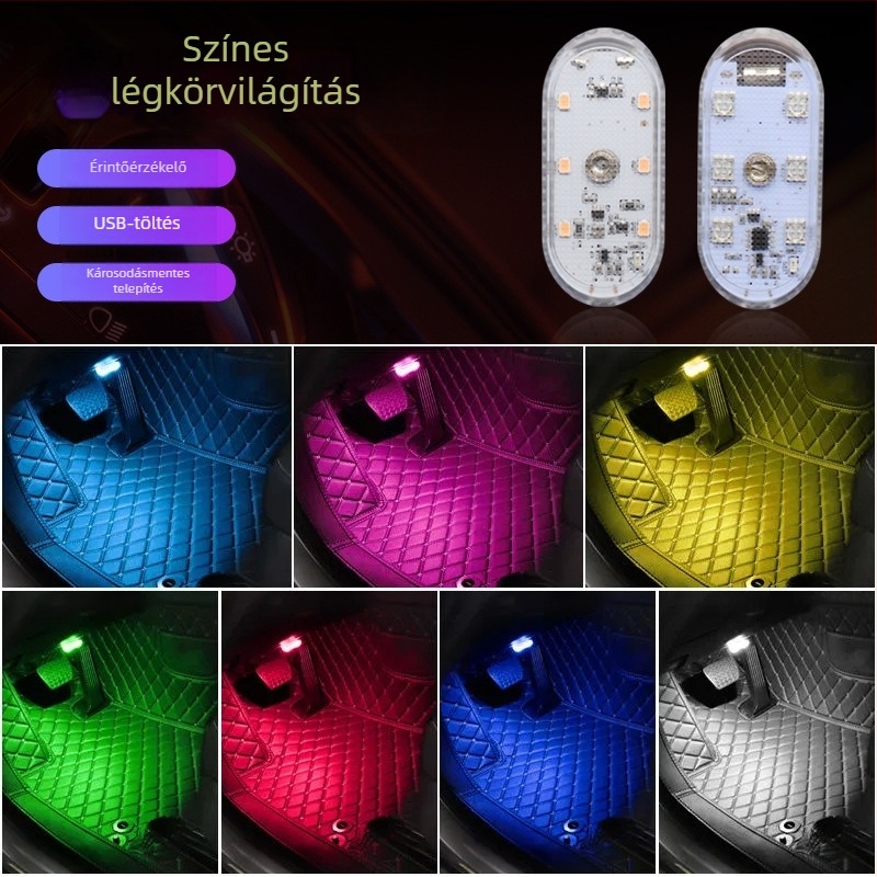 Autó LED hangulatvilág érintőpaneles vezérléssel, USB töltés, 0.5W/5V/1A, univerzális illeszkedés, 7 színmód