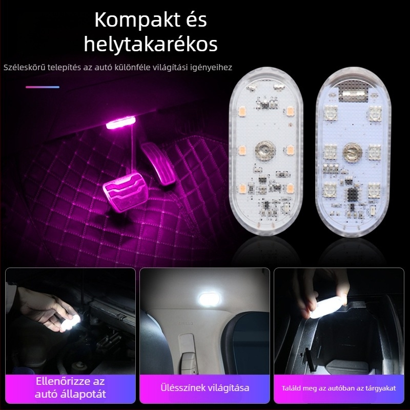 Autó LED hangulatvilág érintőpaneles vezérléssel, USB töltés, 0.5W/5V/1A, univerzális illeszkedés, 7 színmód