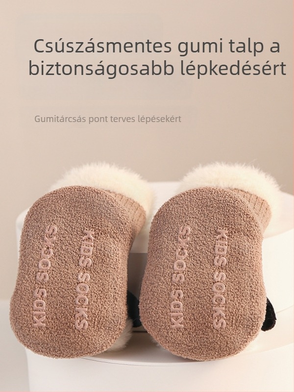 Újszülött baba zokni, fleece béléssel, vastagított, csúszásmentes, meleg, csíkos és rajzfilmfigura mintával