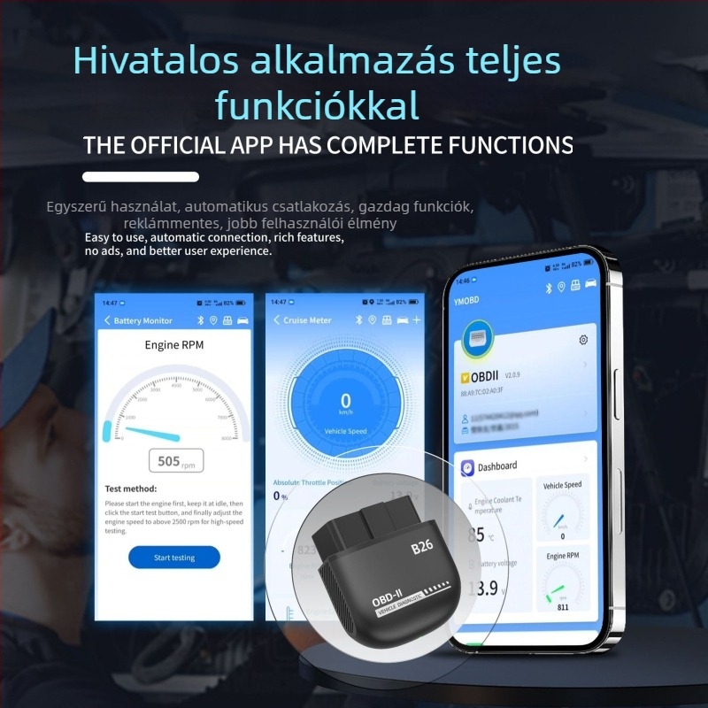 Autódiagnosztikai eszköz, B-26 modell, kompatibil 12V-os benzinautókhoz, feszültség 5–28V, működési hőmérséklet -10°C-tól +60°C-ig