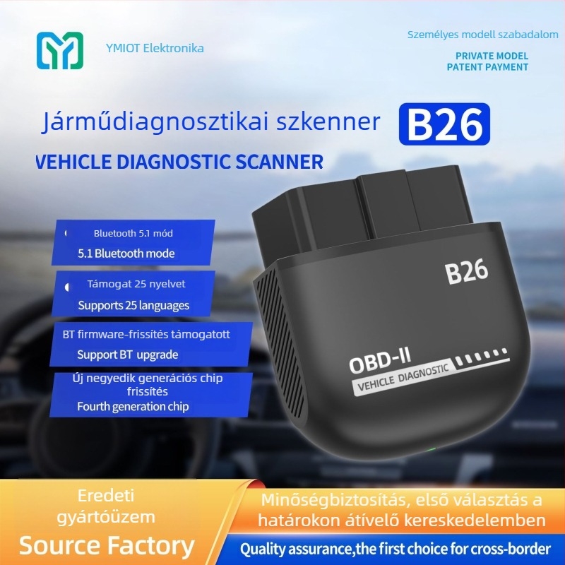 Autódiagnosztikai eszköz, B-26 modell, kompatibil 12V-os benzinautókhoz, feszültség 5–28V, működési hőmérséklet -10°C-tól +60°C-ig