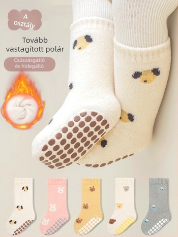 25 téli gyerekeknek szóló meleg velúr zokni, rajzolt mintával, csúszásmentes, beltéri használatra, középmagas hosszúságú