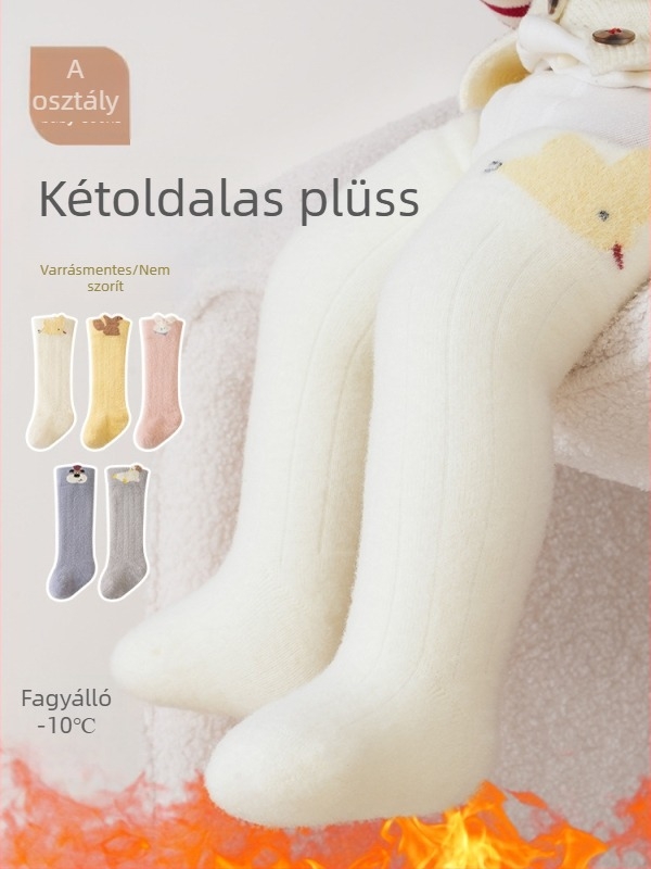 Téli bébi zokni fleece béléssel, vastag, hosszú cső, újszülötteknek, meleg és kényelmes, karikatúra minta, Kategória A