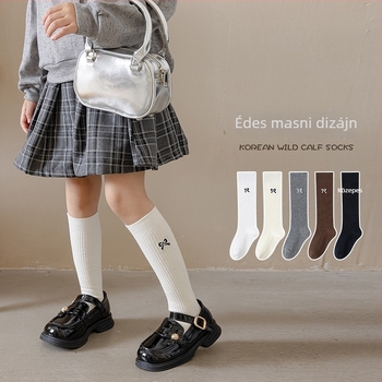 Lányoknak készült koreai stílusú hímzett masnis zokni, hosszú cső, vastag pamutból