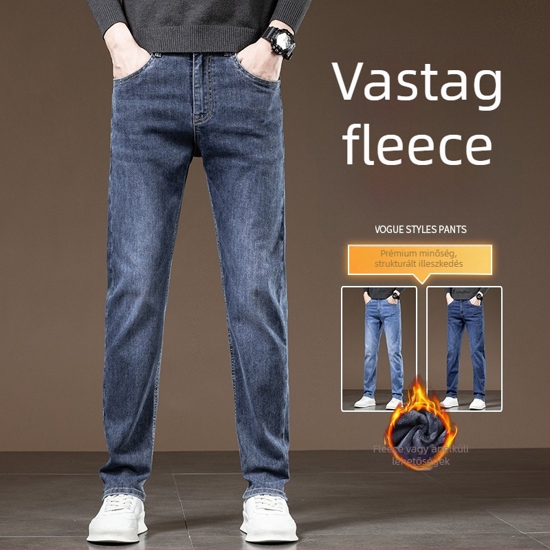 Férfi pamut farmernadrág egyenes szabású, középmagas derekú, cipzáros zárás, mikro-elasztikus