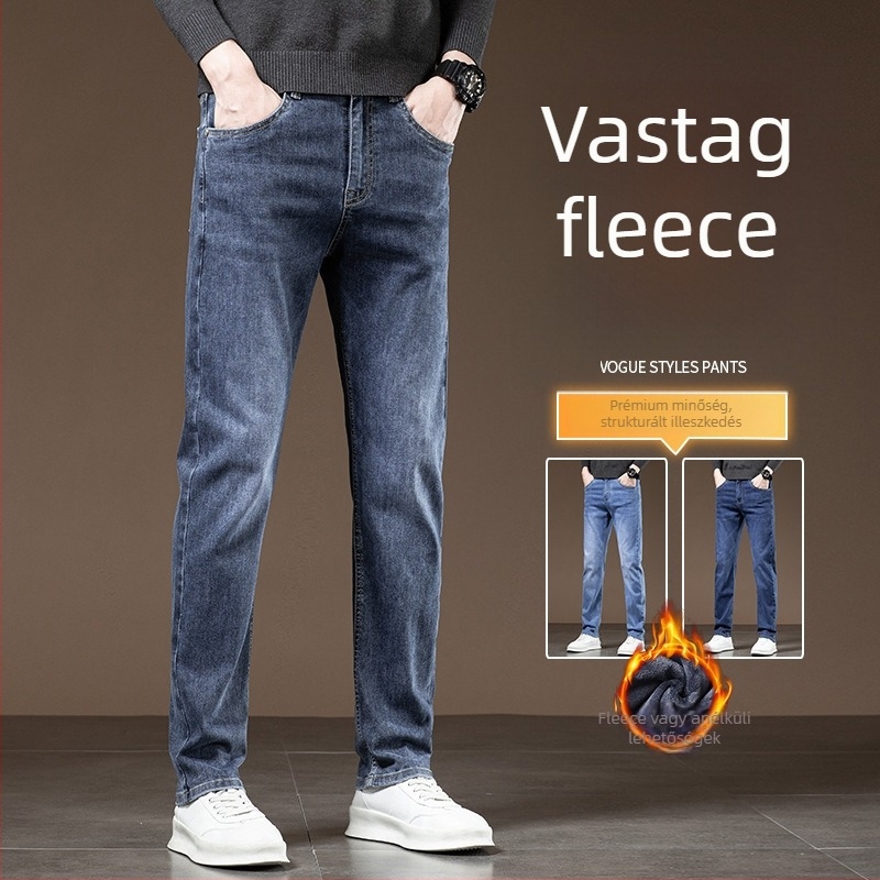 Férfi pamut farmernadrág egyenes szabású, középmagas derekú, cipzáros zárás, mikro-elasztikus