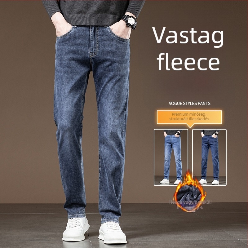 Férfi pamut farmernadrág egyenes szabású, középmagas derekú, cipzáros zárás, mikro-elasztikus