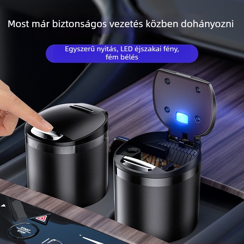 Autóba való hamutartó modell T03, egygombos flip-tetővel, világító, kiömlés elleni, ideális autóhoz, otthonhoz vagy irodába