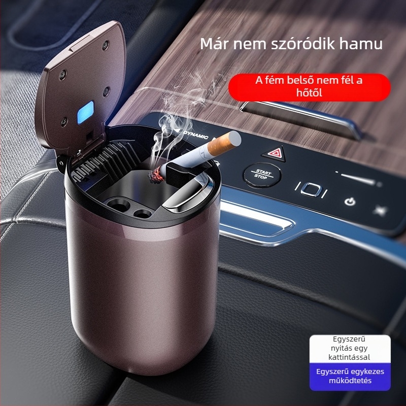 Autóba való hamutartó modell T03, egygombos flip-tetővel, világító, kiömlés elleni, ideális autóhoz, otthonhoz vagy irodába
