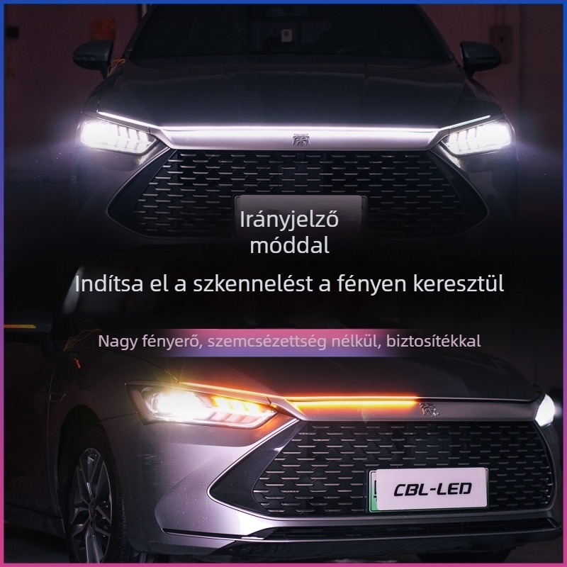 Szilikon LED motorháztető lámpa, átfolyó fényhatással, dinamikus fényárammal, kanyarjelző és nappali menetfénnyel