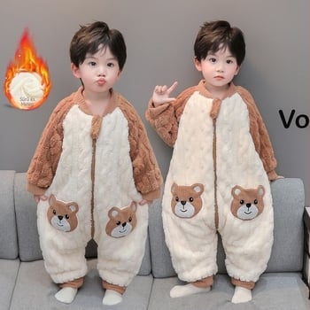 Gyerekeknek készült koreai stílusú korall-flleece vastag egyrészes pizsama téli időszakra, 3-8 éves fiúknak