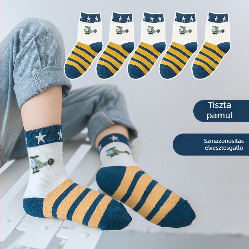 Fiúknak szóló középmagasságú pamut zokni, mintás, meleg téli- tavaszi-őszi szezonokra, szagtalan, 5 páras csomag