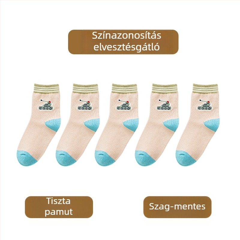 Fiúknak szóló középmagasságú pamut zokni, mintás, meleg téli- tavaszi-őszi szezonokra, szagtalan, 5 páras csomag