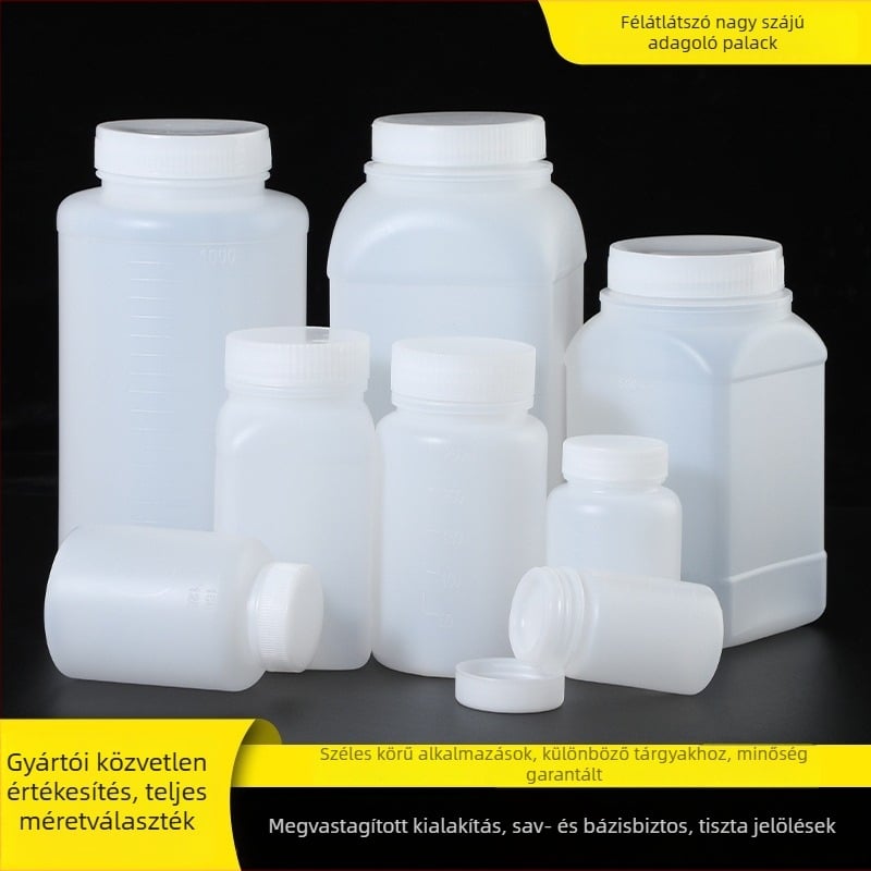 PE műanyag széles nyakú palack belső zárófedővel és külső kupakkal, minta csomagoláshoz