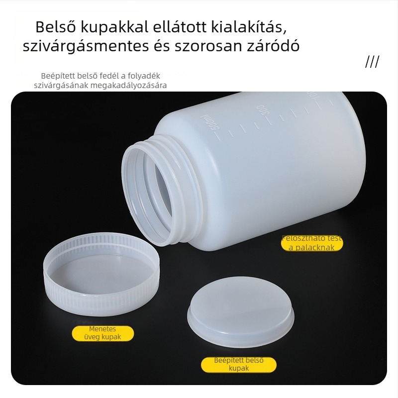 PE műanyag széles nyakú palack belső zárófedővel és külső kupakkal, minta csomagoláshoz