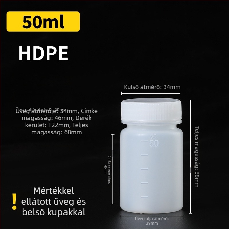 PE műanyag széles nyakú palack belső zárófedővel és külső kupakkal, minta csomagoláshoz