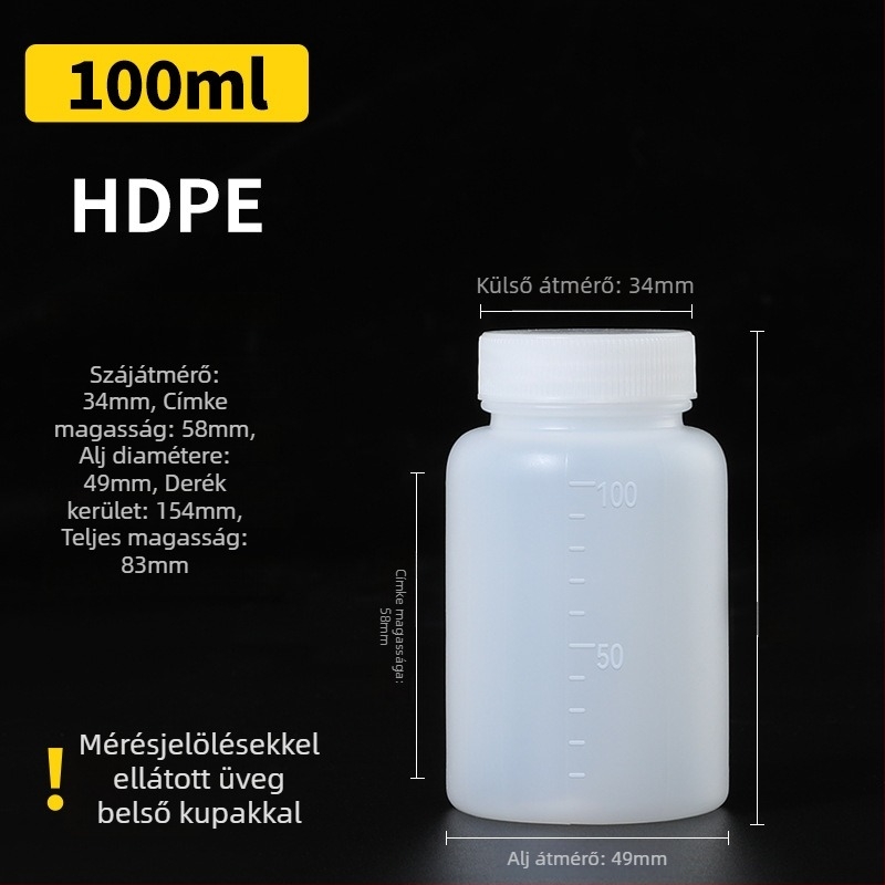 PE műanyag széles nyakú palack belső zárófedővel és külső kupakkal, minta csomagoláshoz