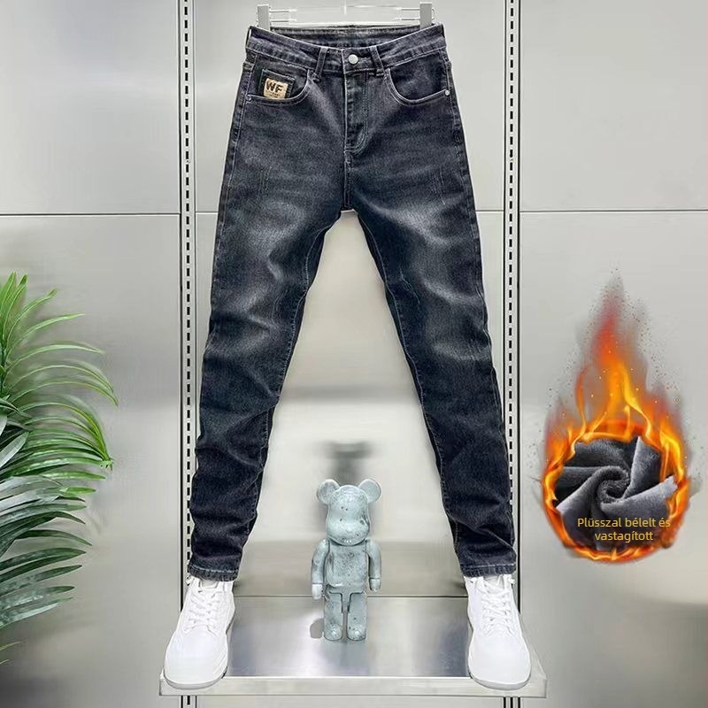 Férfi farmernadrág pamut-denimből fleece-belelt, egyenes szabás, középmagas derék, cipzár