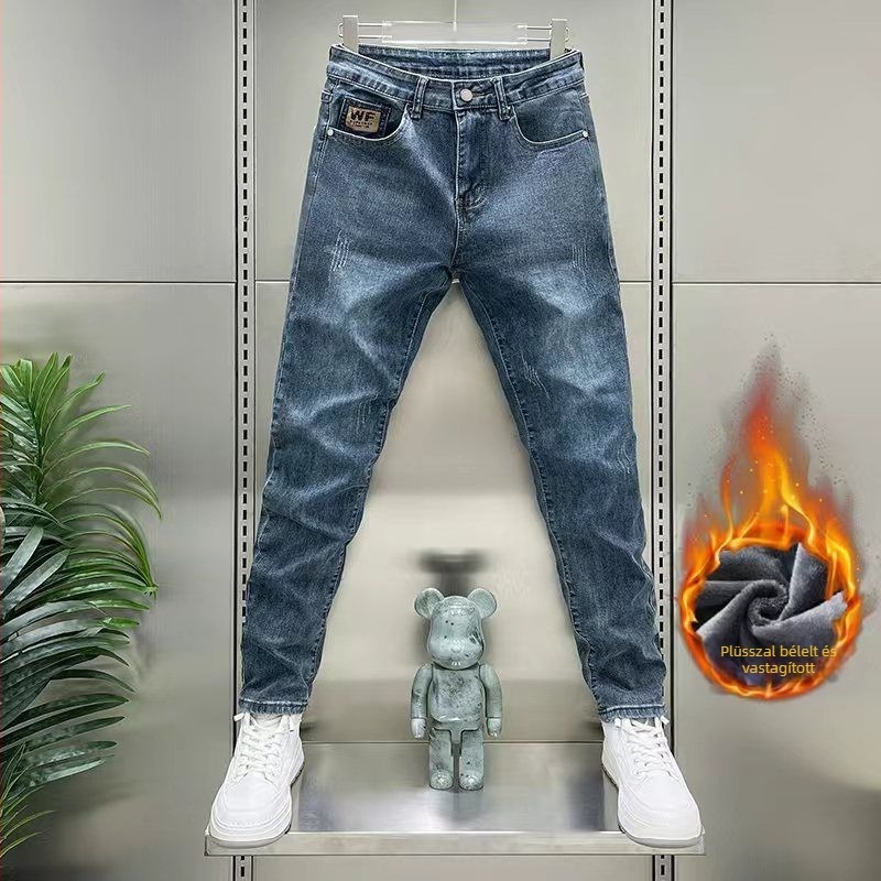 Férfi farmernadrág pamut-denimből fleece-belelt, egyenes szabás, középmagas derék, cipzár