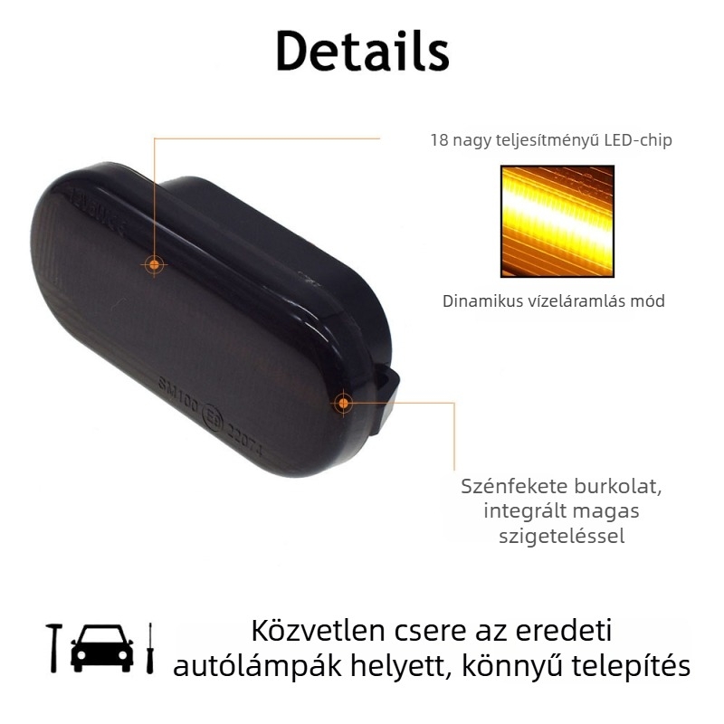 LED hátsó sárvédő oldalsó jelzőfény Polo, Jetta, Golf4-höz; LED+PC, 12V DC, 3W, élettartam 49000 óra