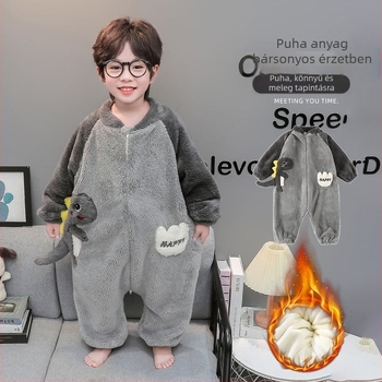 Gyerekeknek készült coral fleece overál-pizsama, dupla rétegű melegen tartás, dinoszaurusz mintával, 3–8 éveseknek, téli szezon