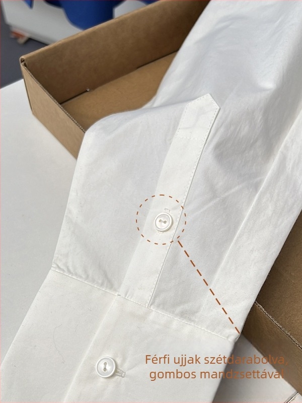 Női ing 95%+ szerves pamut, poliészter <30%; álló gallér; hosszú ujj; laza szabás