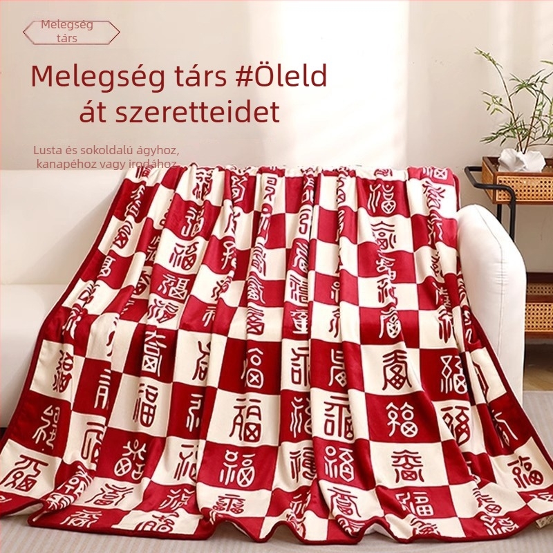 Geometriai mintás korall plüss takaró, luxus meleg, méret 180x200 cm, esküvői és eljegyzési ajándék