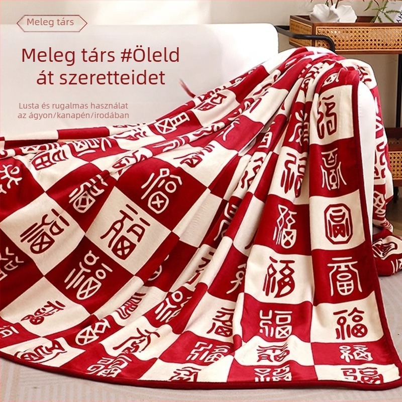 Geometriai mintás korall plüss takaró, luxus meleg, méret 180x200 cm, esküvői és eljegyzési ajándék