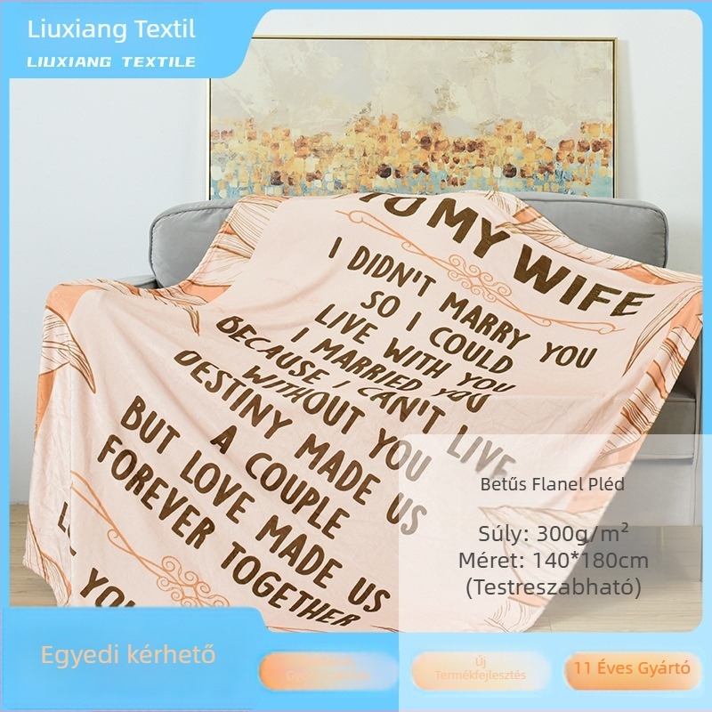 Egyedi flanel pléd angol betűs nyomtatással, modern minimalista stílus, kétoldalas fleece, otthoni textil