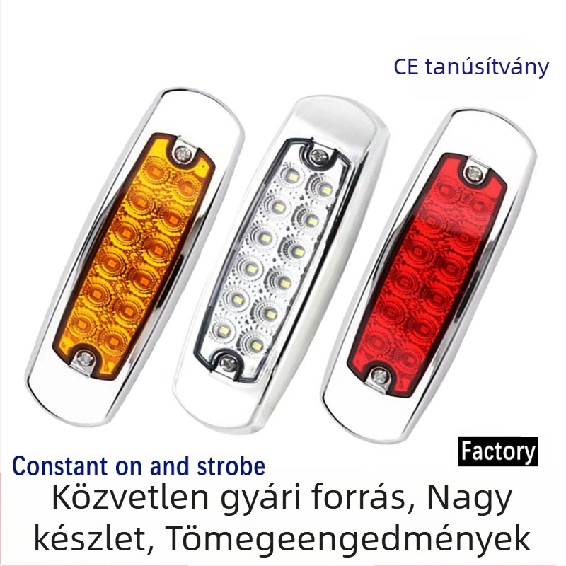 12‑LED teherautó oldalsó lámpa krómozott éllel, szélesség jelző és villogó fény