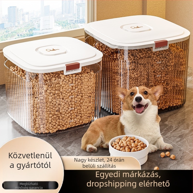 Háziállat-táp és rizs tároló kanna, 6L, zárható, nedvességálló, PET anyagból