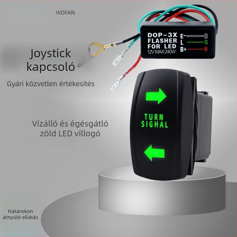 3-vezetékes LED villogó relé LED indexlámpákhoz, zölden világító rocker kapcsoló