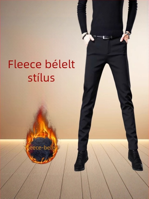 Férfi üzleti casual nadrág fleece bélésével, vasalásmentes, koreai stílus, téli