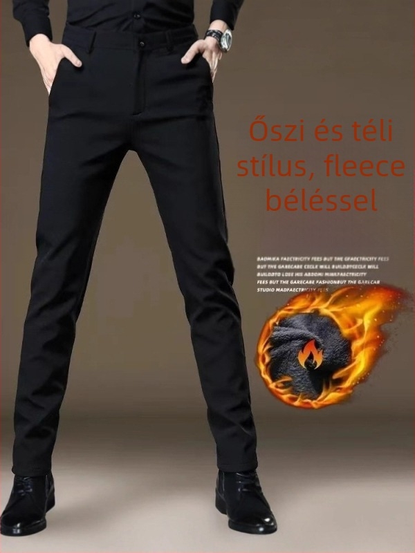 Férfi üzleti casual nadrág fleece bélésével, vasalásmentes, koreai stílus, téli