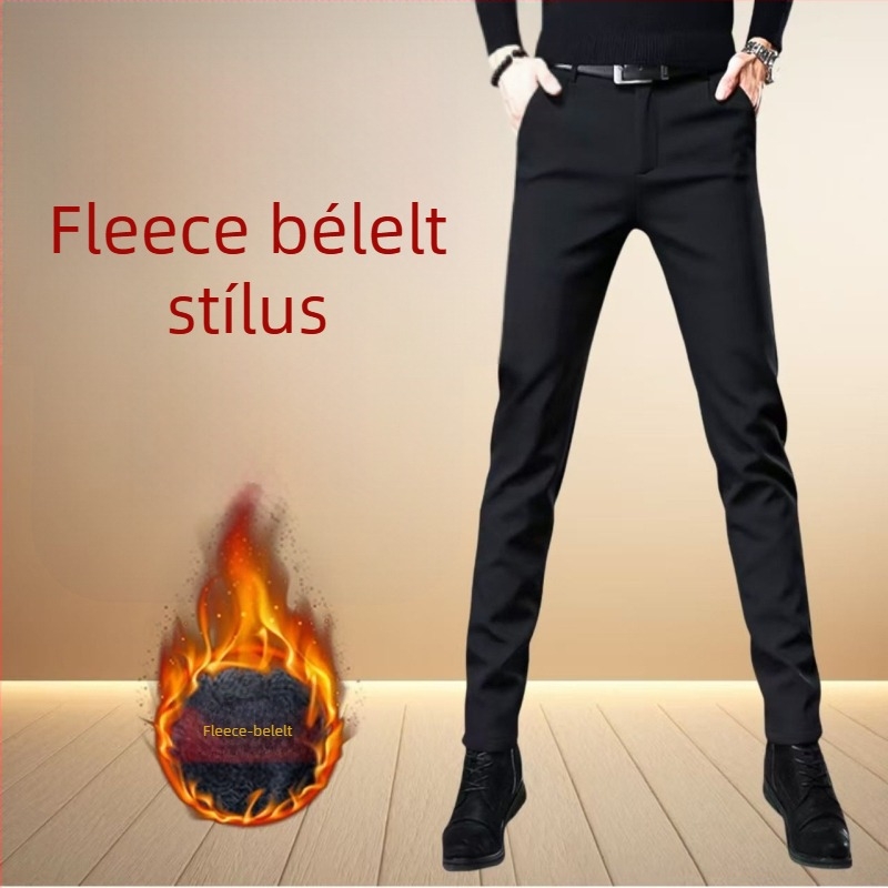 Férfi üzleti casual nadrág fleece bélésével, vasalásmentes, koreai stílus, téli