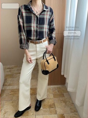 Cardigan-stílusú ing, kockás mintával, gallér lapel, laza szabás, hosszú ujjú (pamut-polyészter keverék, 70–80% pamut, legfeljebb 30% poliészter)