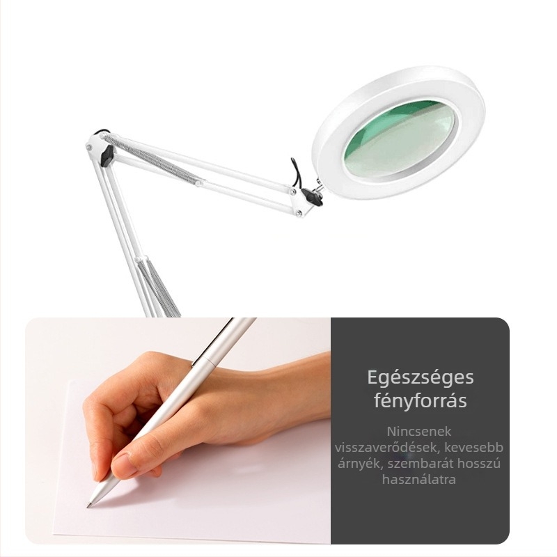 Összecsukható asztali lámpa nagyítóval és szemvédelmmel, USB tápellátás, 12W, CRI ≥ 90, alumínium árnyékoló